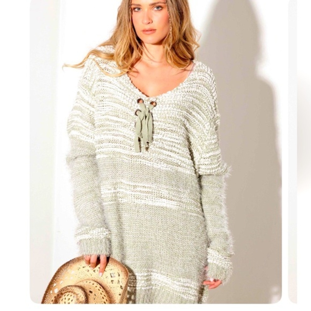 Thinkable Sage Green Knit Sweater Dress Tunic w/ Front Tie NWT Size S